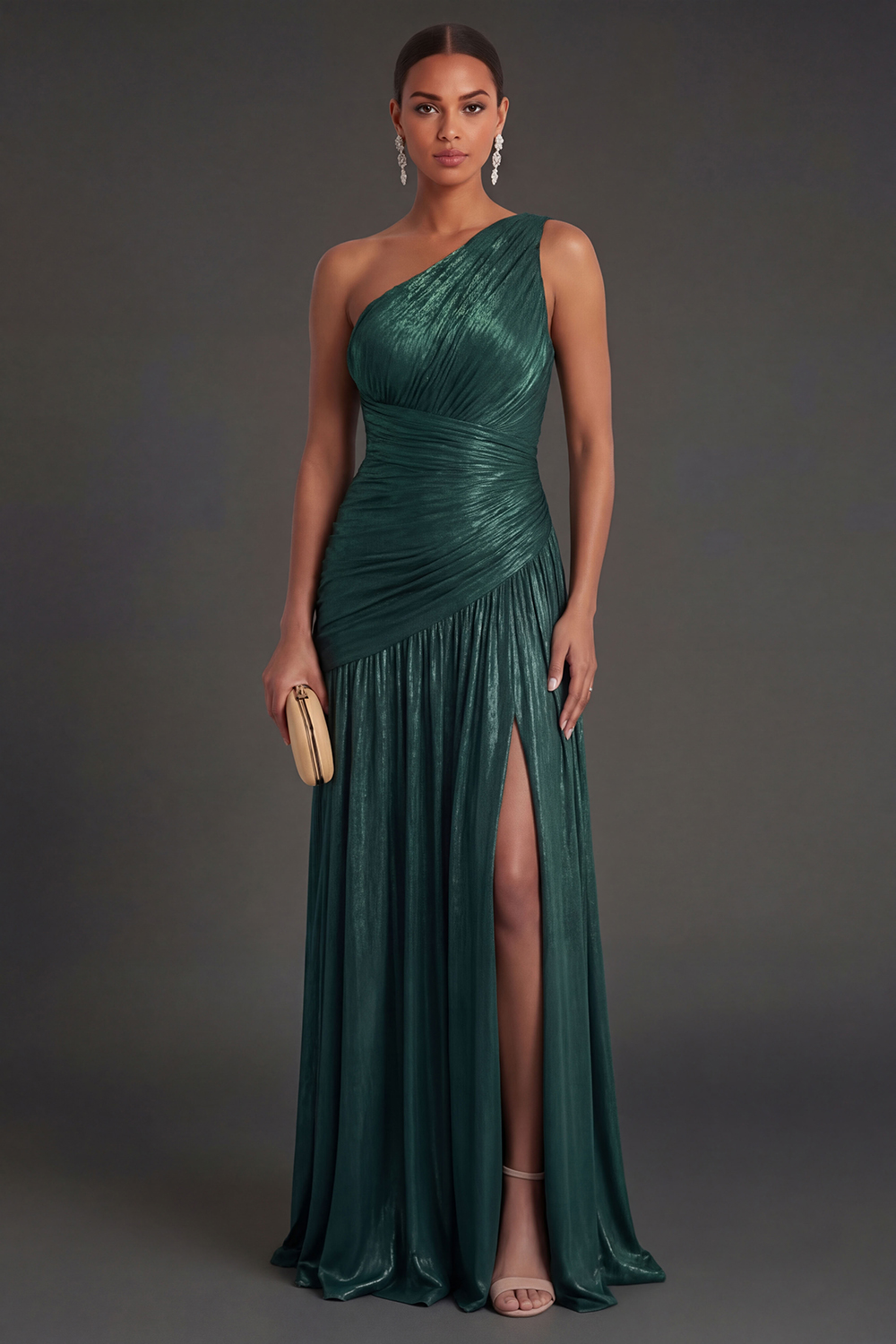 One Shoulder Gold Sheath Ruched Long Formal Dress with Slit