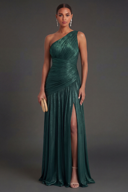 One Shoulder Gold Sheath Ruched Long Formal Dress with Slit