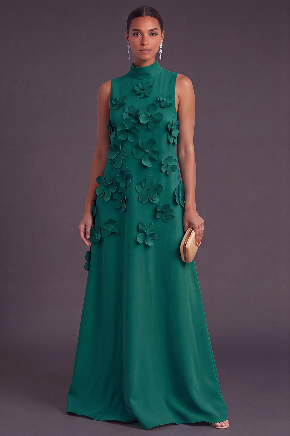 Blue Floral High Neck A Line Long Formal Dress
