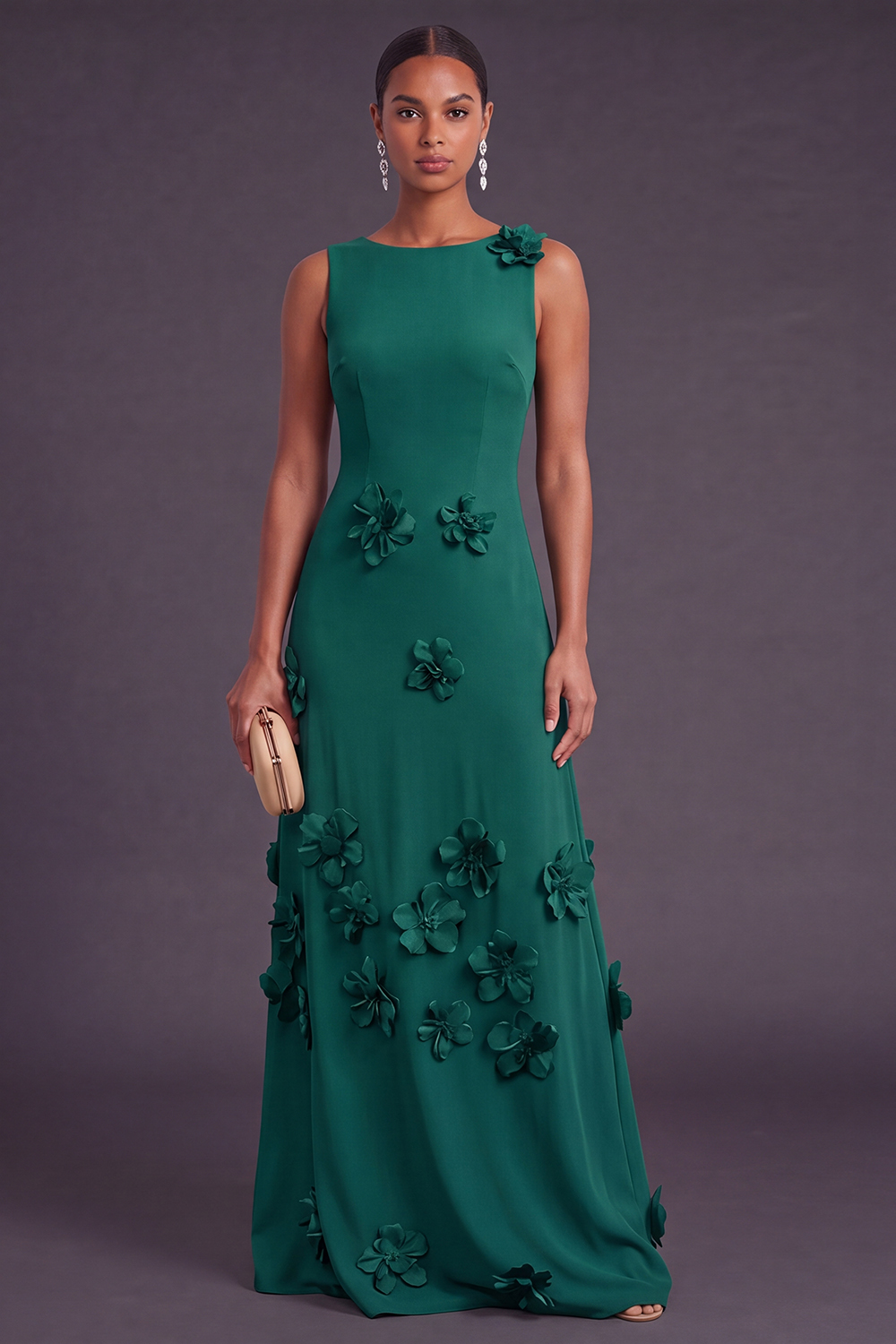 Hot Pink A Line Boat Neck Long Formal Dress with 3D Flowers