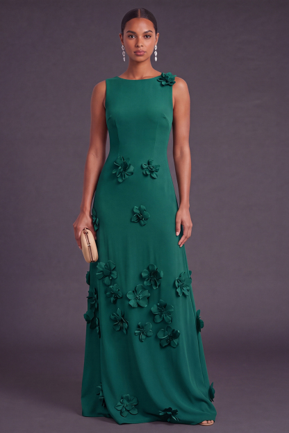 Hot Pink A Line Boat Neck Long Formal Dress with 3D Flowers