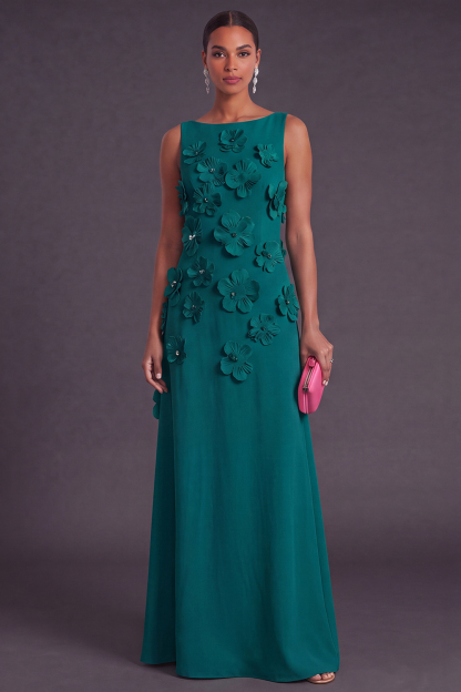 Hot Pink Floral Boat Neck A Line Long Formal Dress