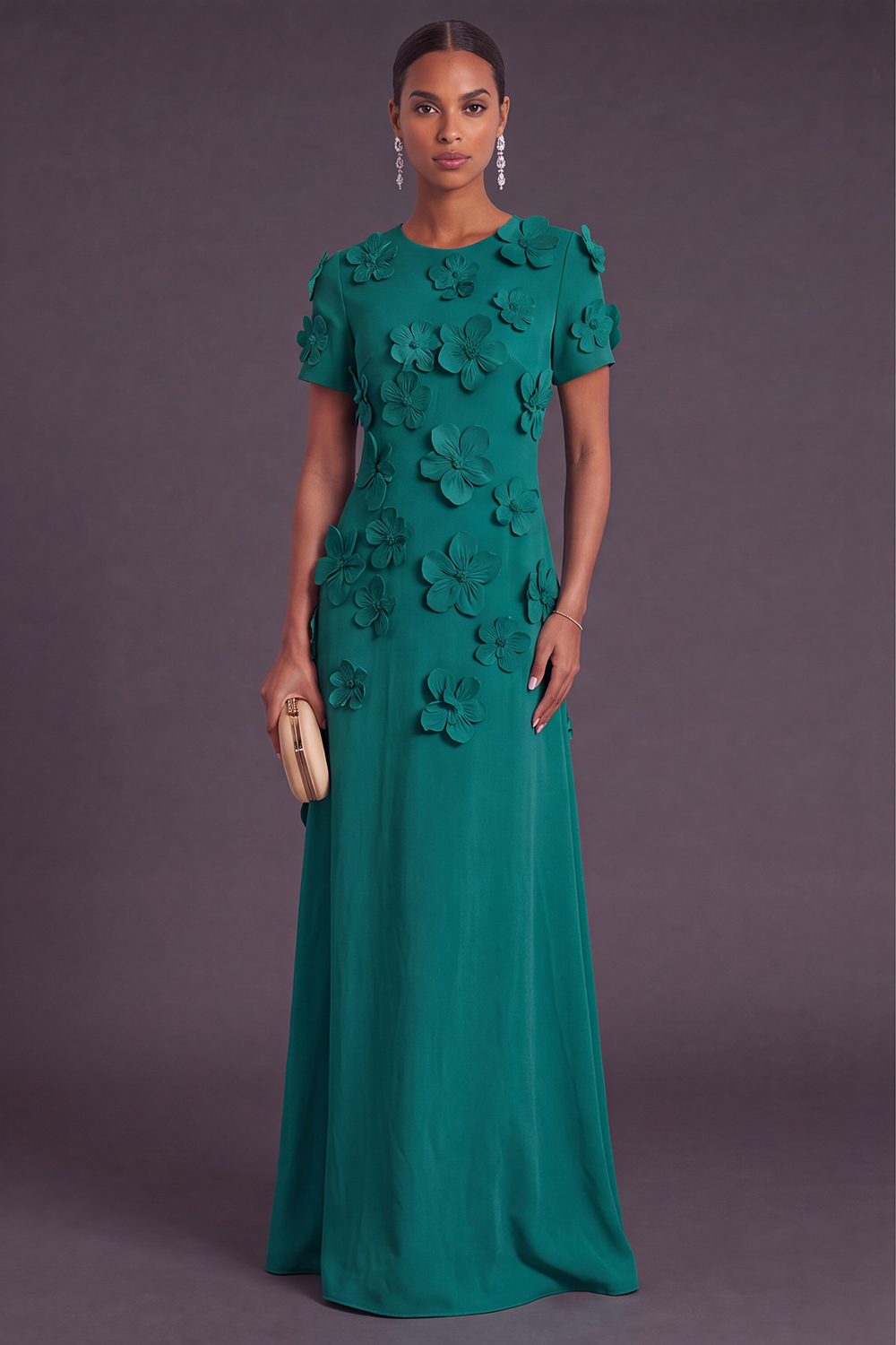 Blue Floral A Line Round Neck Long Formal Dress with Sleeves
