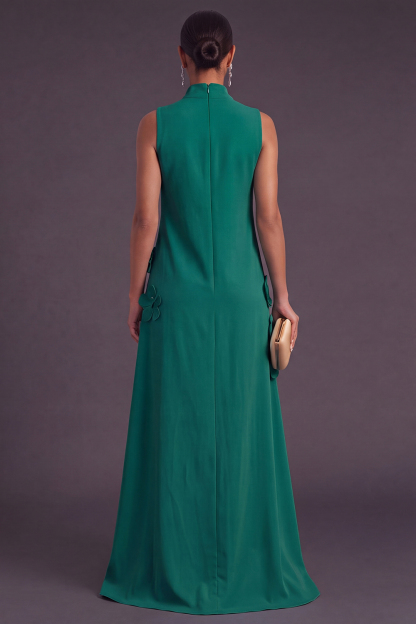 Blue Floral High Neck A Line Long Formal Dress