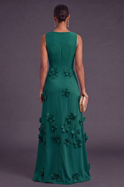 Hot Pink A Line Boat Neck Long Formal Dress with 3D Flowers