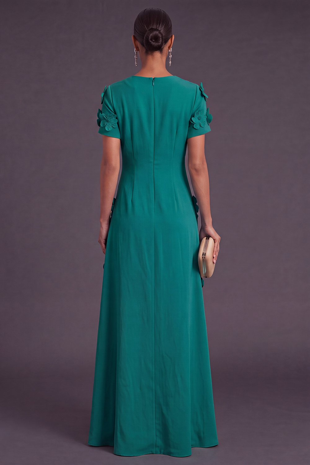 Blue Floral A Line Round Neck Long Formal Dress with Sleeves