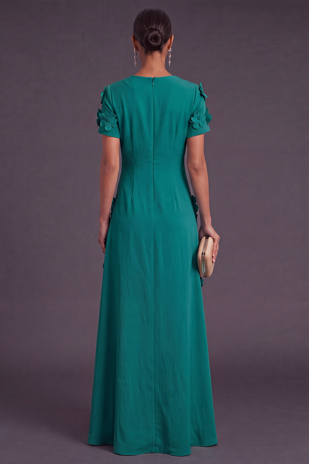 Blue Floral A Line Round Neck Long Formal Dress with Sleeves