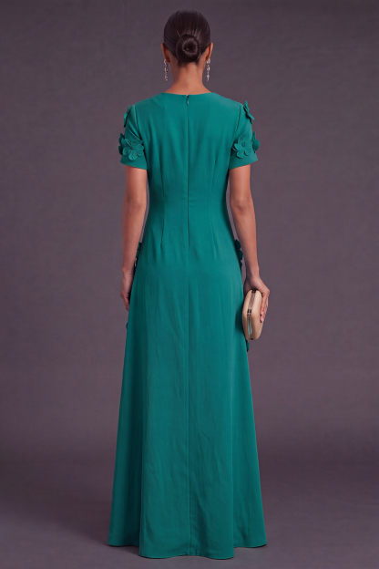 Blue Floral A Line Round Neck Long Formal Dress with Sleeves
