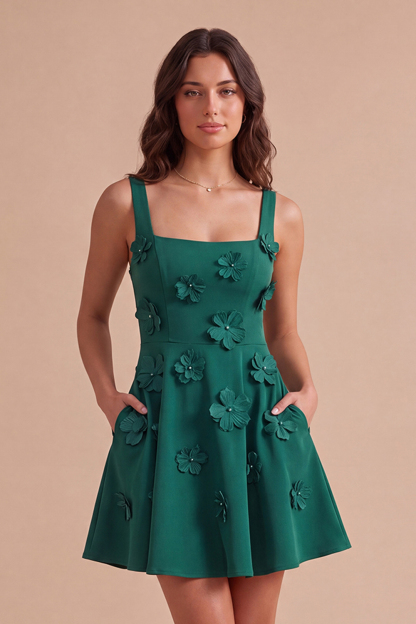 Blue Floral A Line Square Neck Short Homecoming Dress