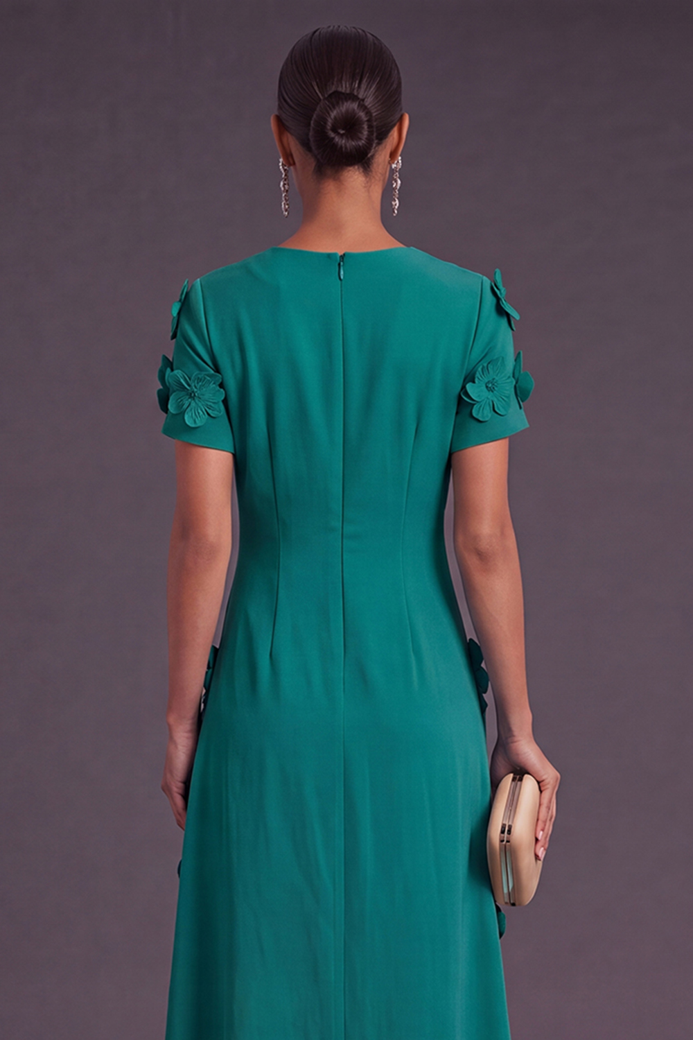 Blue Floral A Line Round Neck Long Formal Dress with Sleeves
