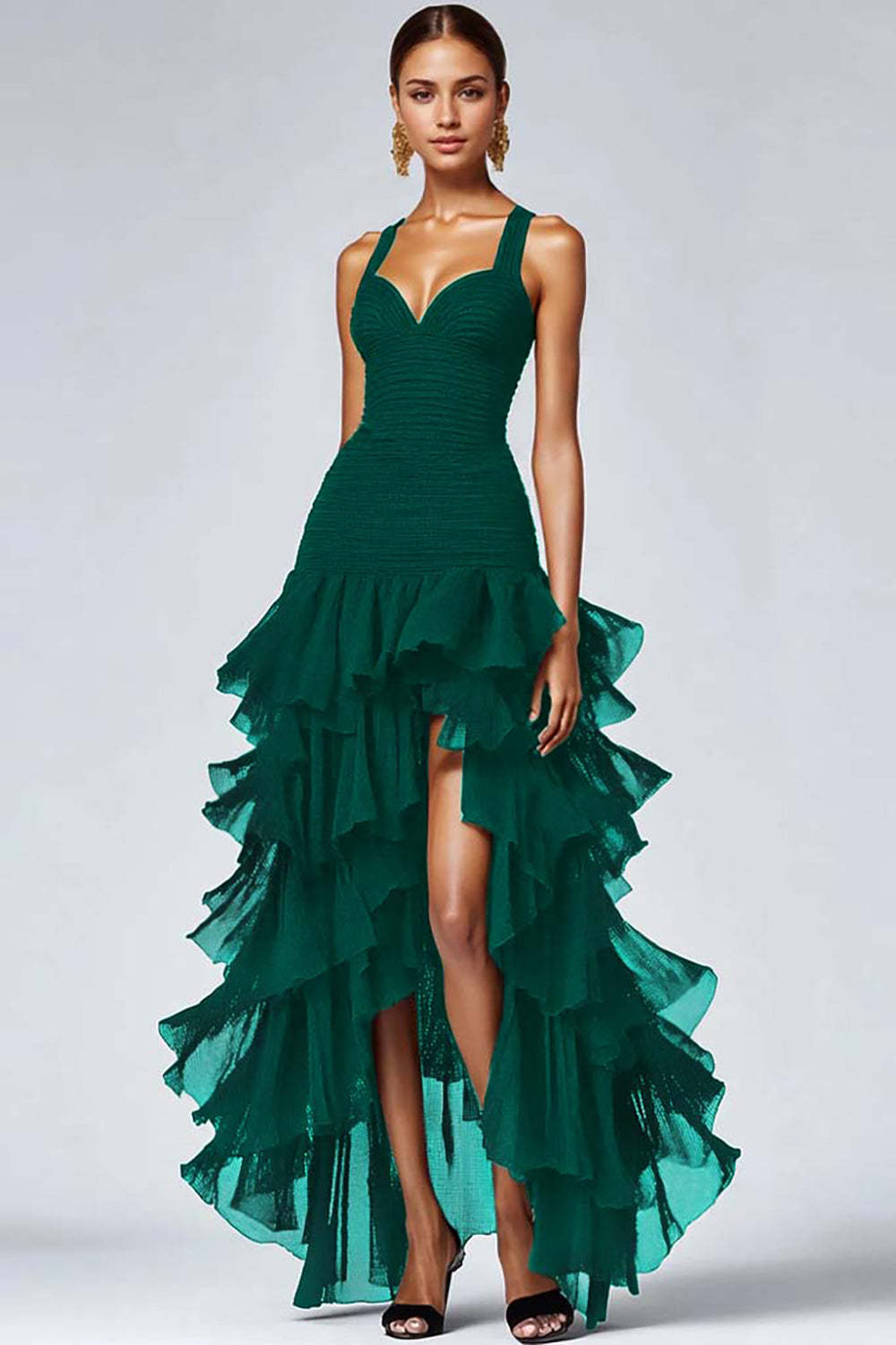 Black Spaghetti Straps Ruffled Long Formal Dress with Slit