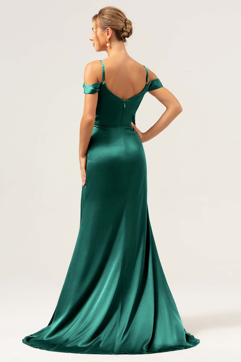 Coffee Cold Shoulder Satin Mermaid Wedding Party Dress with Slit