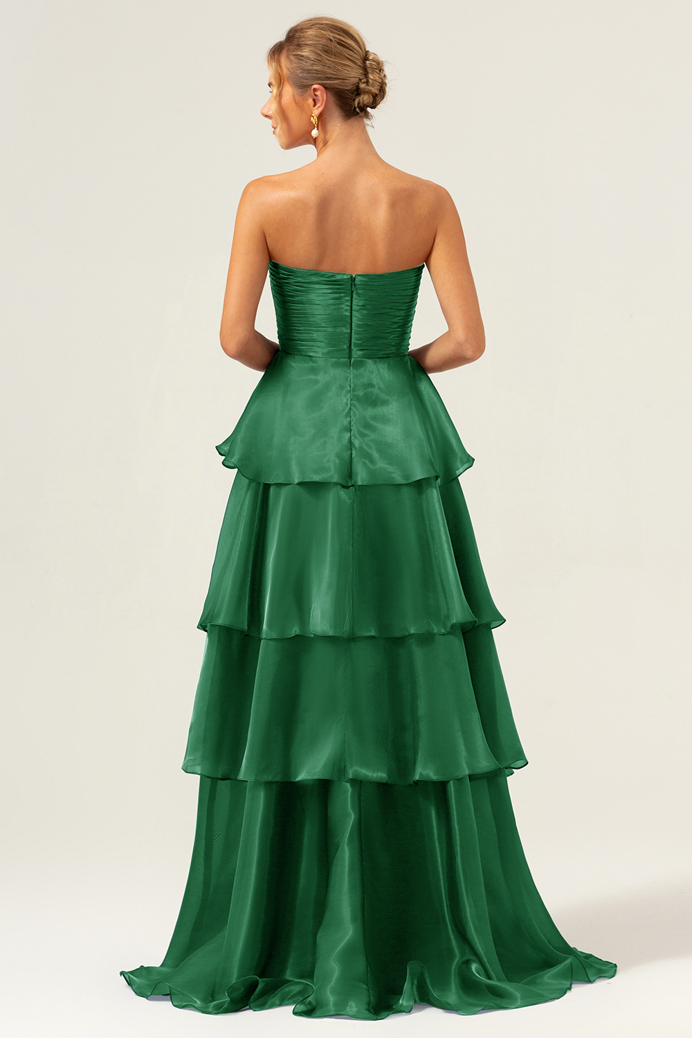 Dark Navy A Line Pleated Strapless Tiered Satin Bridesmaid Dress