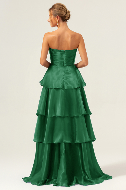 Dark Navy A Line Pleated Strapless Tiered Satin Bridesmaid Dress