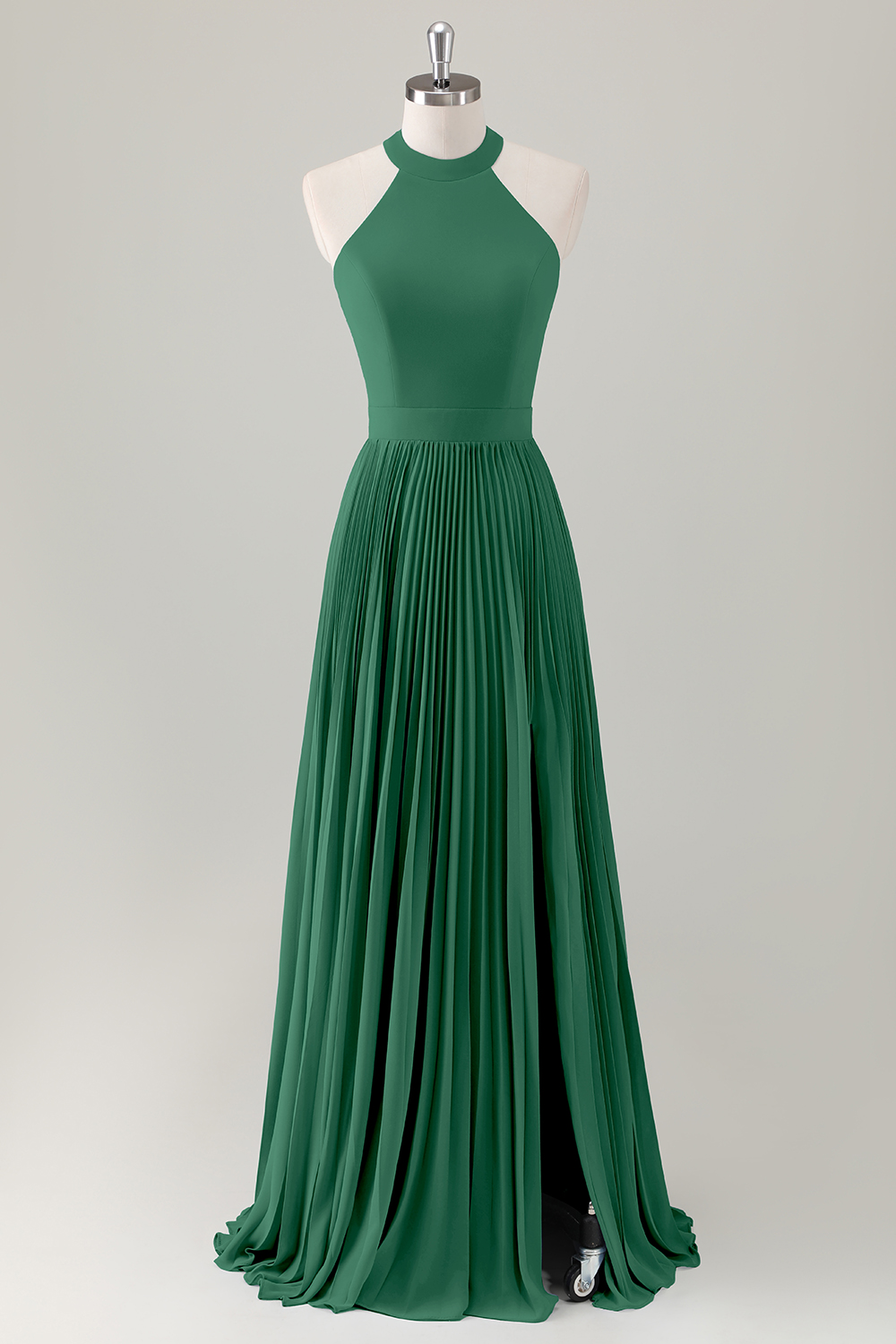 Grey Blue A-Line Halter Long Bridesmaid Dress with Slit