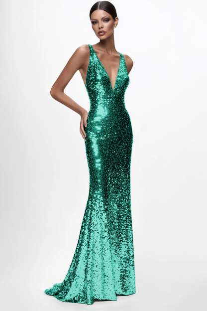 Sparkly Silver V-Neck Mermaid Sequined Formal Dress