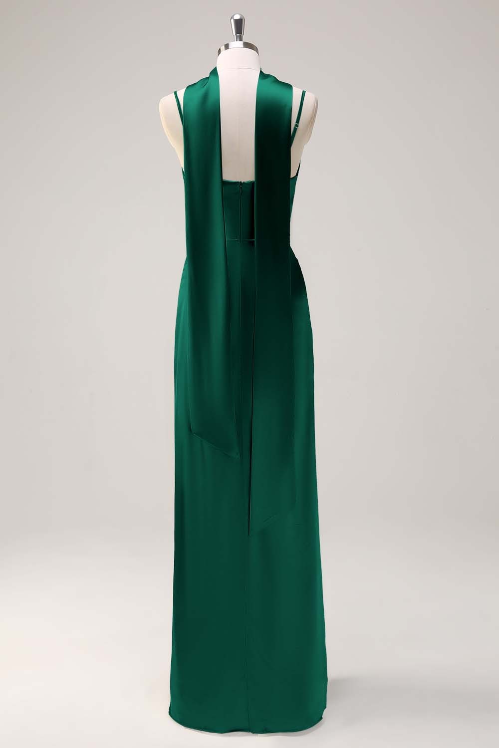 Sage Scoop Neck Sheath Satin Bridesmaid Dress with Ribbon