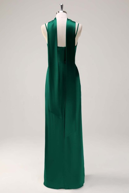 Sage Scoop Neck Sheath Satin Bridesmaid Dress with Ribbon