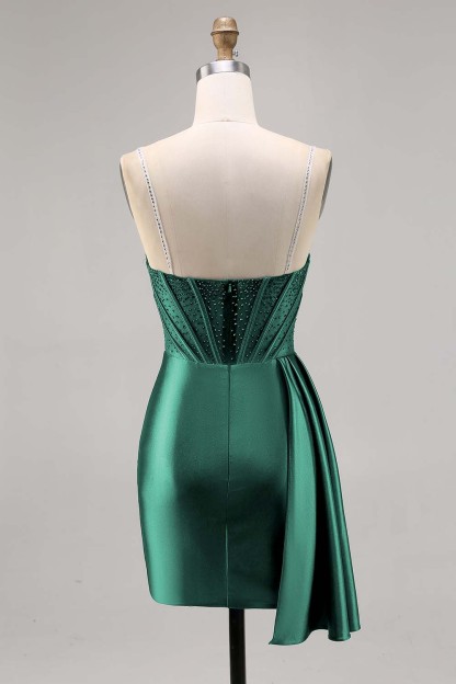 Sparkly Navy Corset Satin Short Beaded Homecoming Dress with Drape