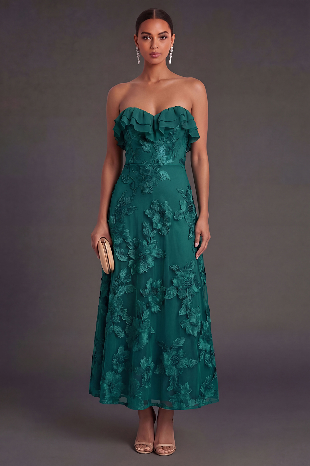 Light Blue A Line Floral Strapless Long Wedding Guest Dress