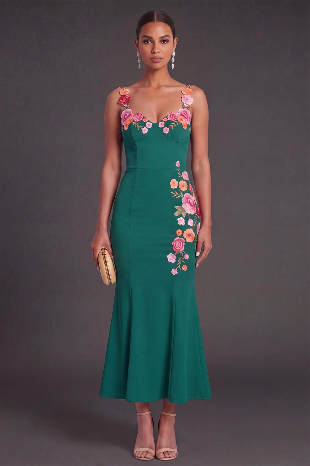 Floral Light Yellow Mermaid Thick Straps Long Wedding Guest Dress