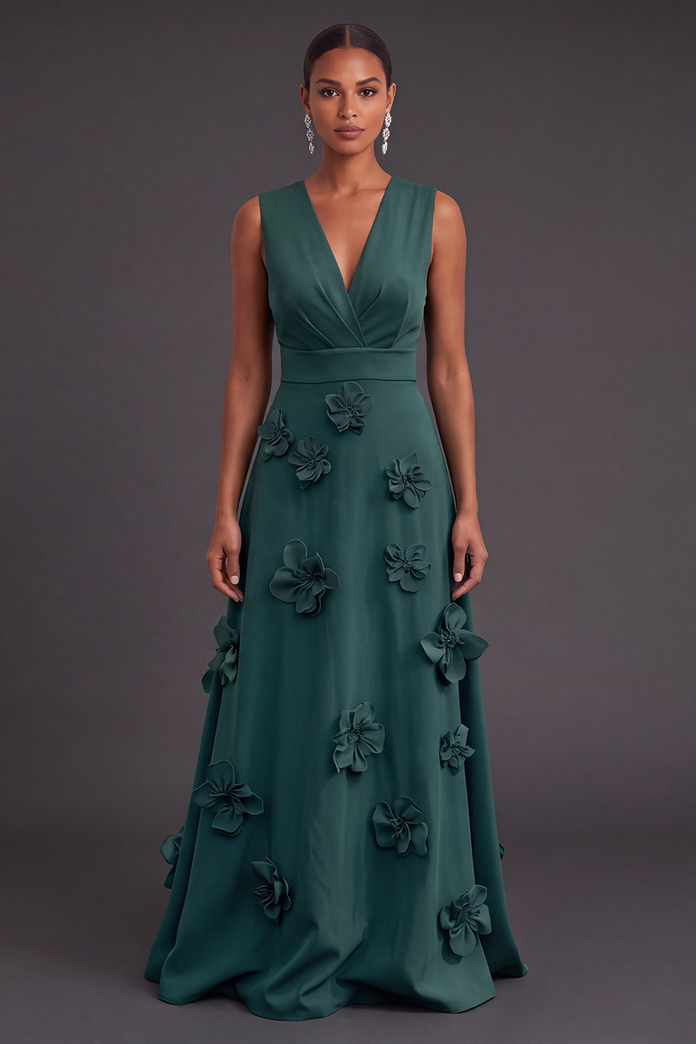 Leely Women Dark Green Floral Long Black Tie Dress Ruched A Line V-Neck Fall Wedding Guest Dress