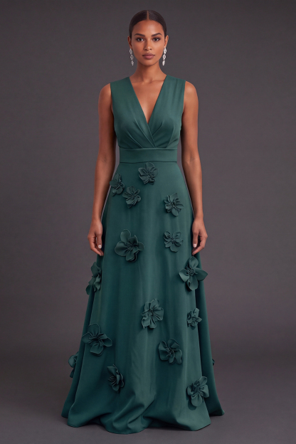 Leely Women Dark Green Floral Long Black Tie Dress Ruched A Line V-Neck Fall Wedding Guest Dress