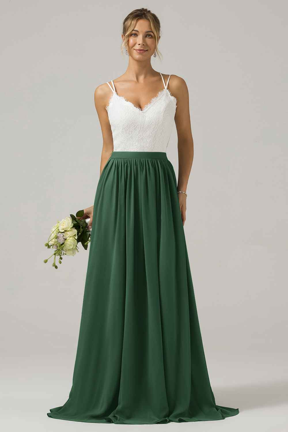 Eucalyptus A-Line Spaghetti Straps Pleated Long Bridesmaid Dress With Lace