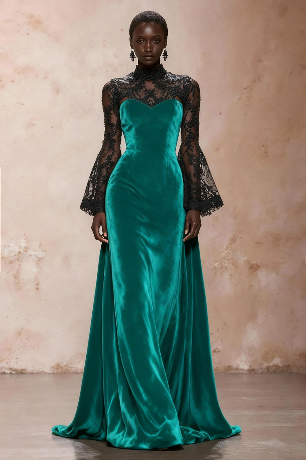 Black Velvet Sheath High Neck Maxi Holiday Party Dress with Lace