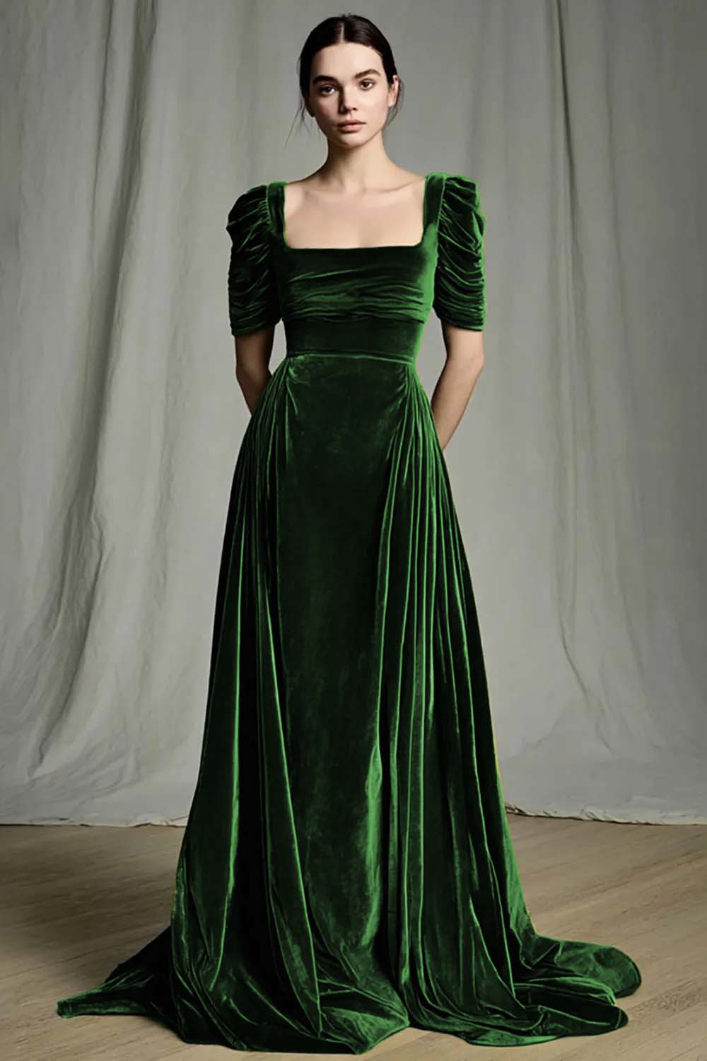 Olive A Line Square Neck Velvet Long Holiday Party Dress with Sleeves