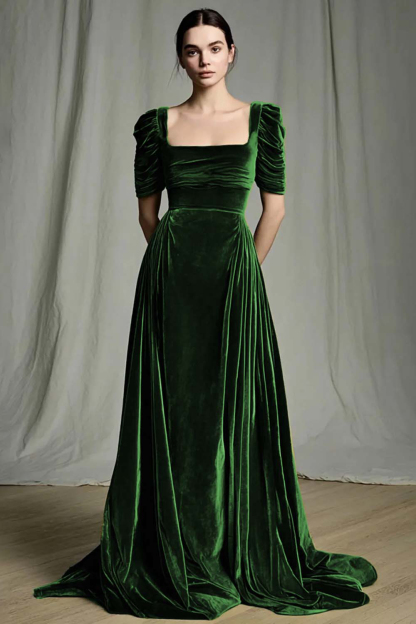 Olive A Line Square Neck Velvet Long Holiday Party Dress with Sleeves