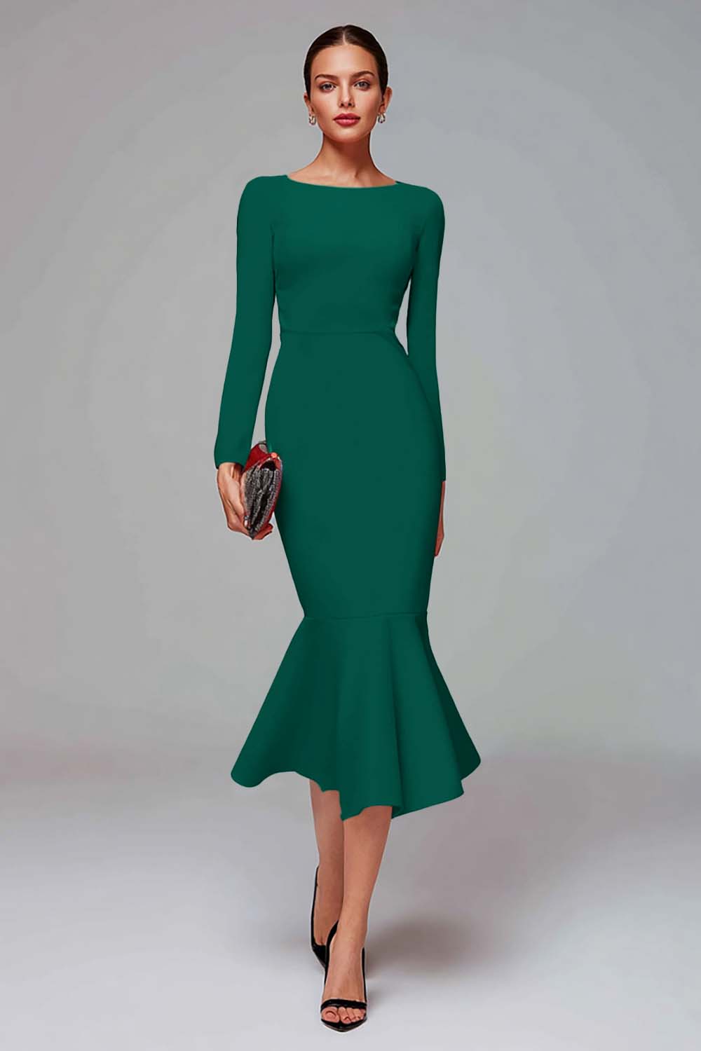 Elegant Midi Red Mermaid Long Sleeves Work Dress