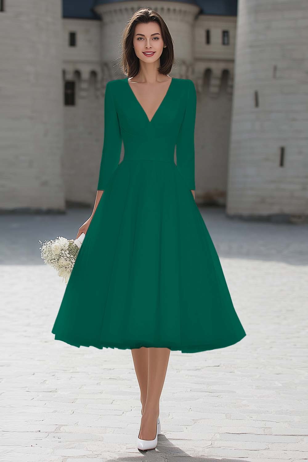 Ivory V-Neck A Line Midi Simple Wedding Dress with Sleeves