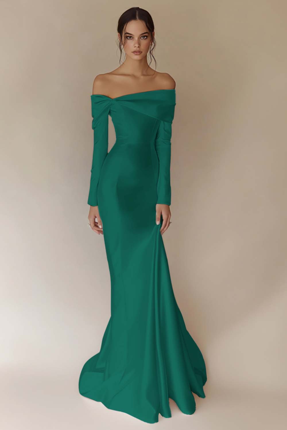 White Satin Off the Shoulder Sheath Maxi Rehearsal Dinner Dress with Sleeves