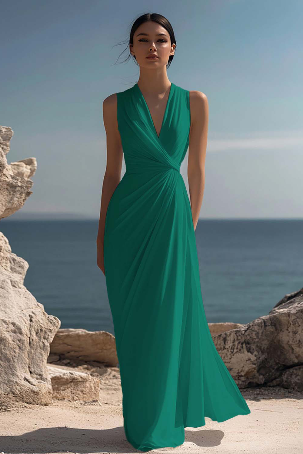 White Chiffon Sheath V-Neck Ruched Maxi Rehearsal Dinner Dress