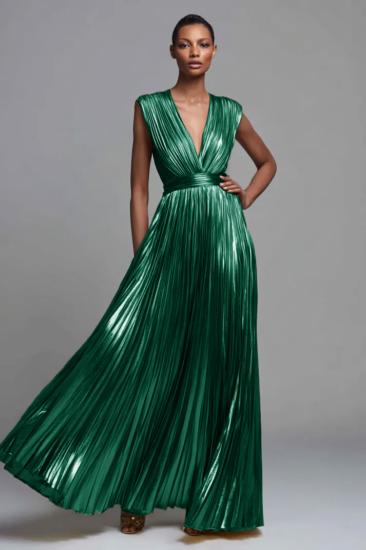 Gold V-Neck A Line Metallic High Waist Pleated Long Formal Dress