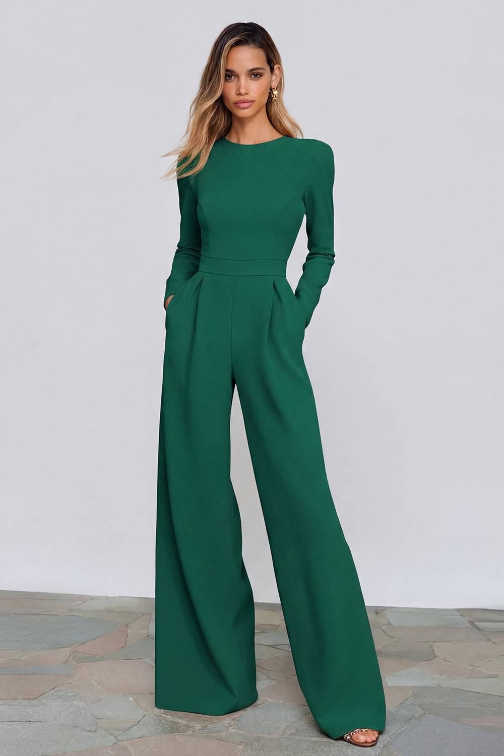 Black Crew Neck Open Back Formal Jumpsuits with Sleeves