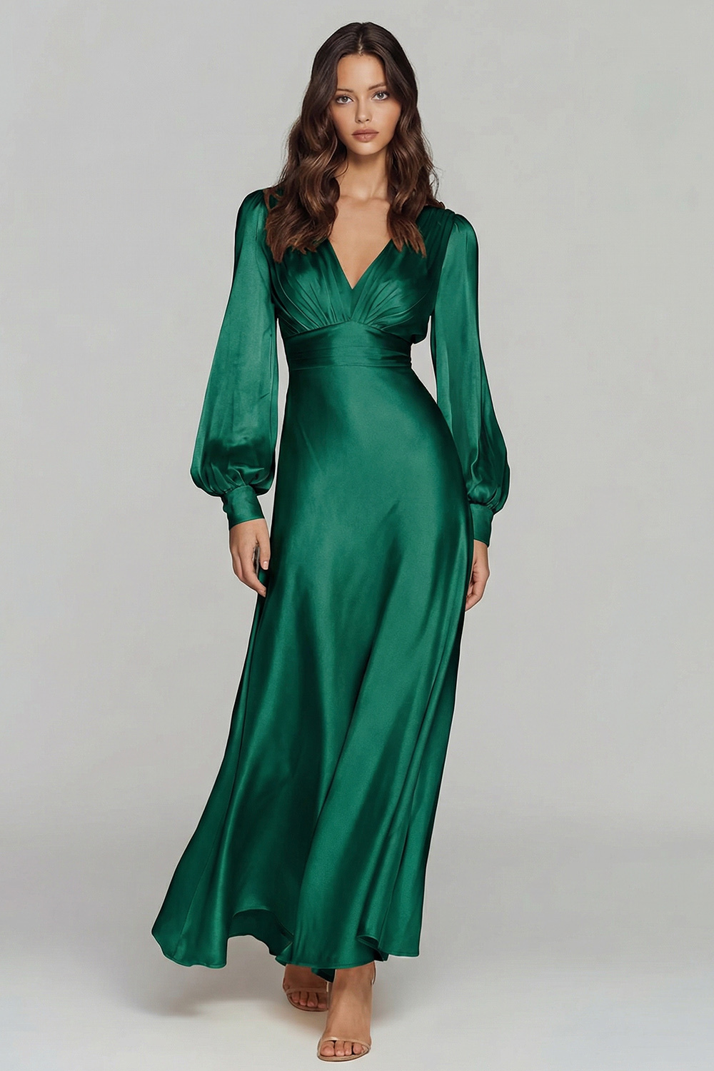 Champagne V-Neck Backless Satin Long Sleeves Evening Dress