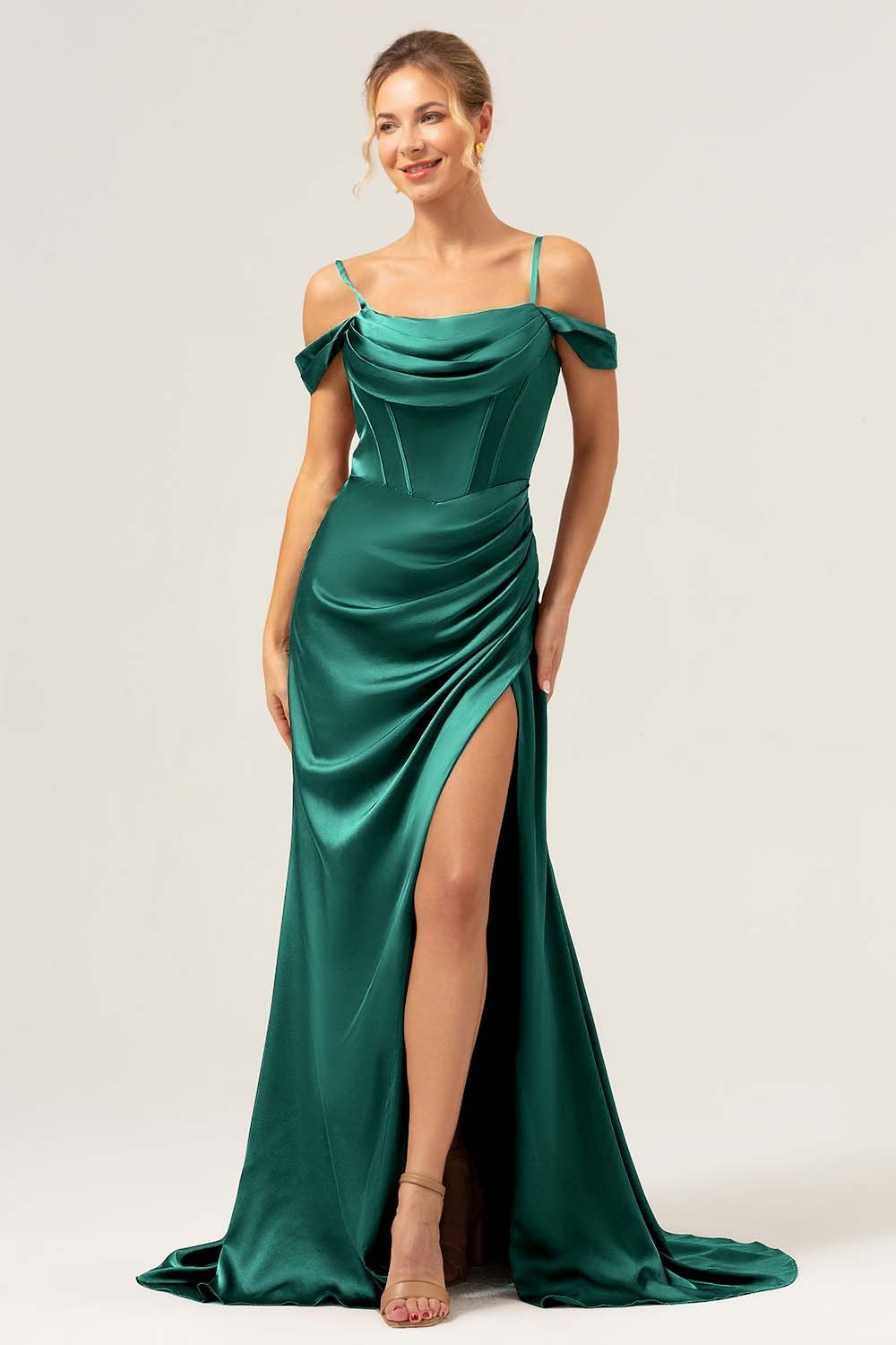 Coffee Cold Shoulder Satin Mermaid Wedding Party Dress with Slit