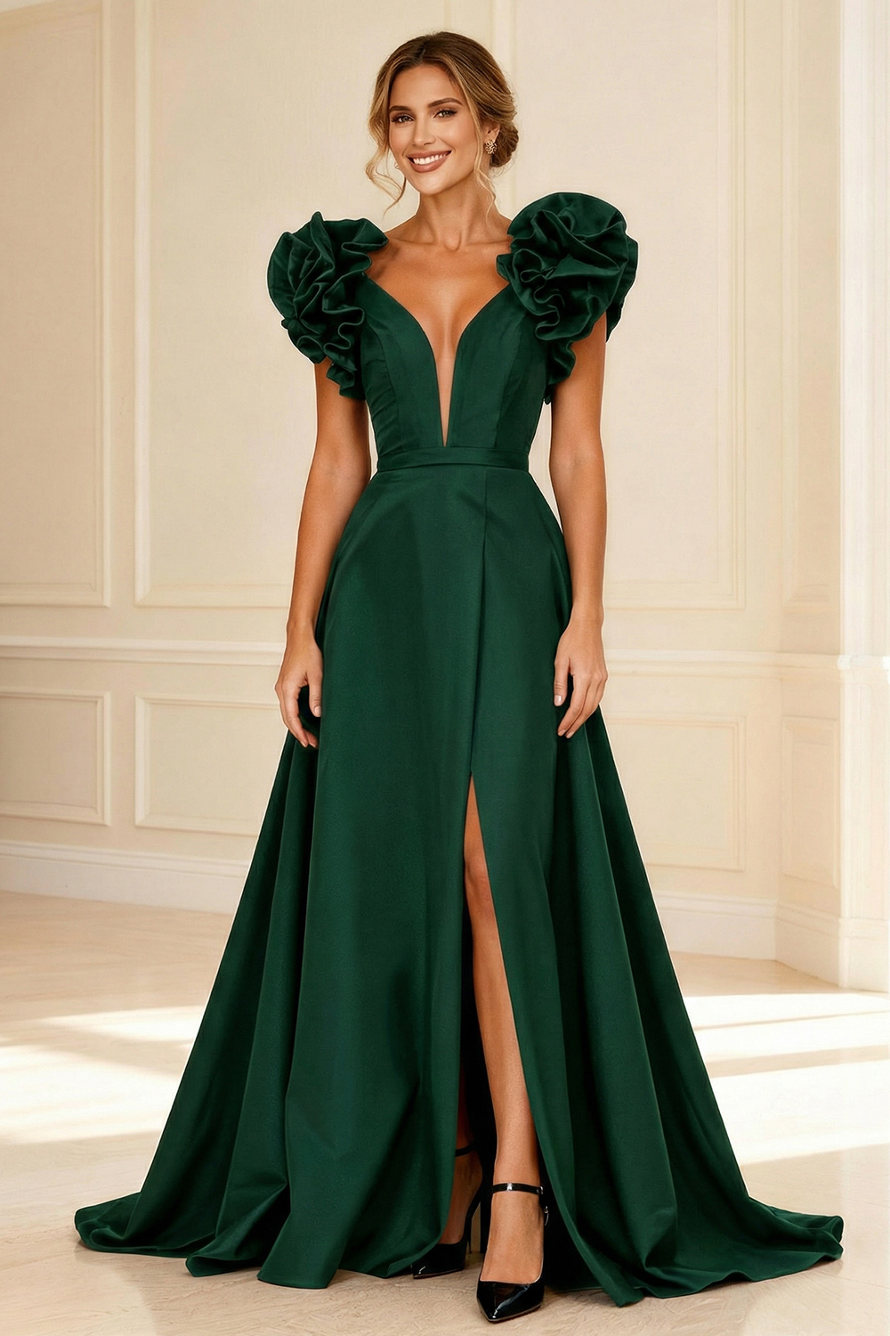 Black Deep V-Neck Ruffled Long Mother of the Bride Dress with Slit