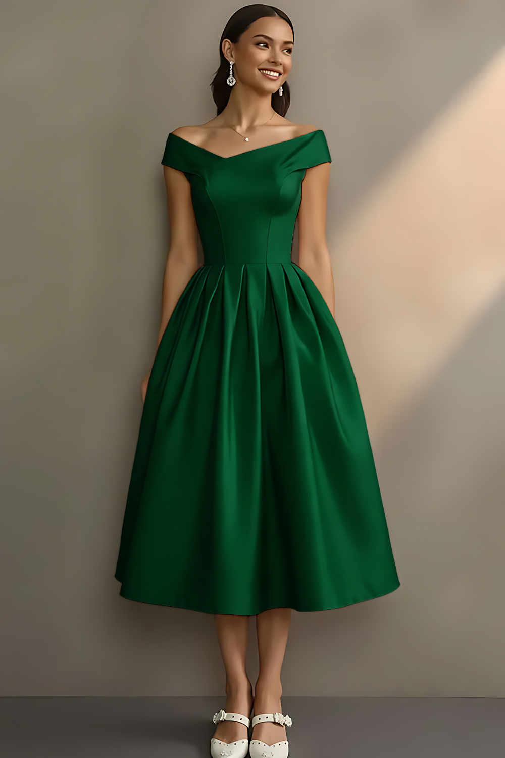 Simple White Off the Shoulder A Line Midi Engagement Dress