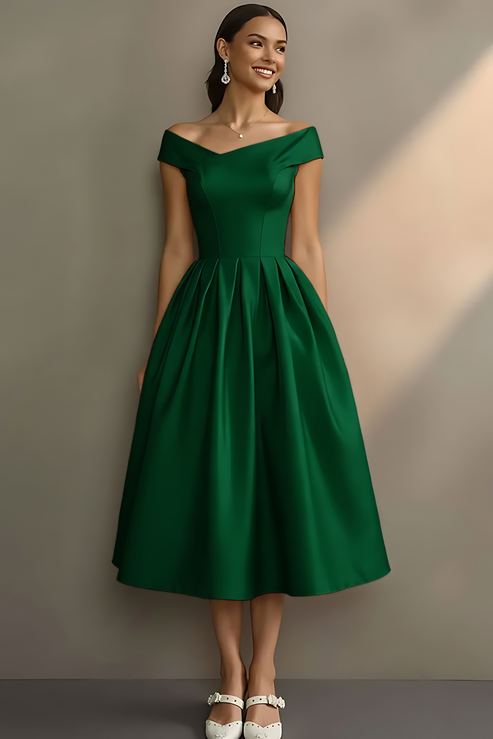 Simple White Off the Shoulder A Line Midi Engagement Dress