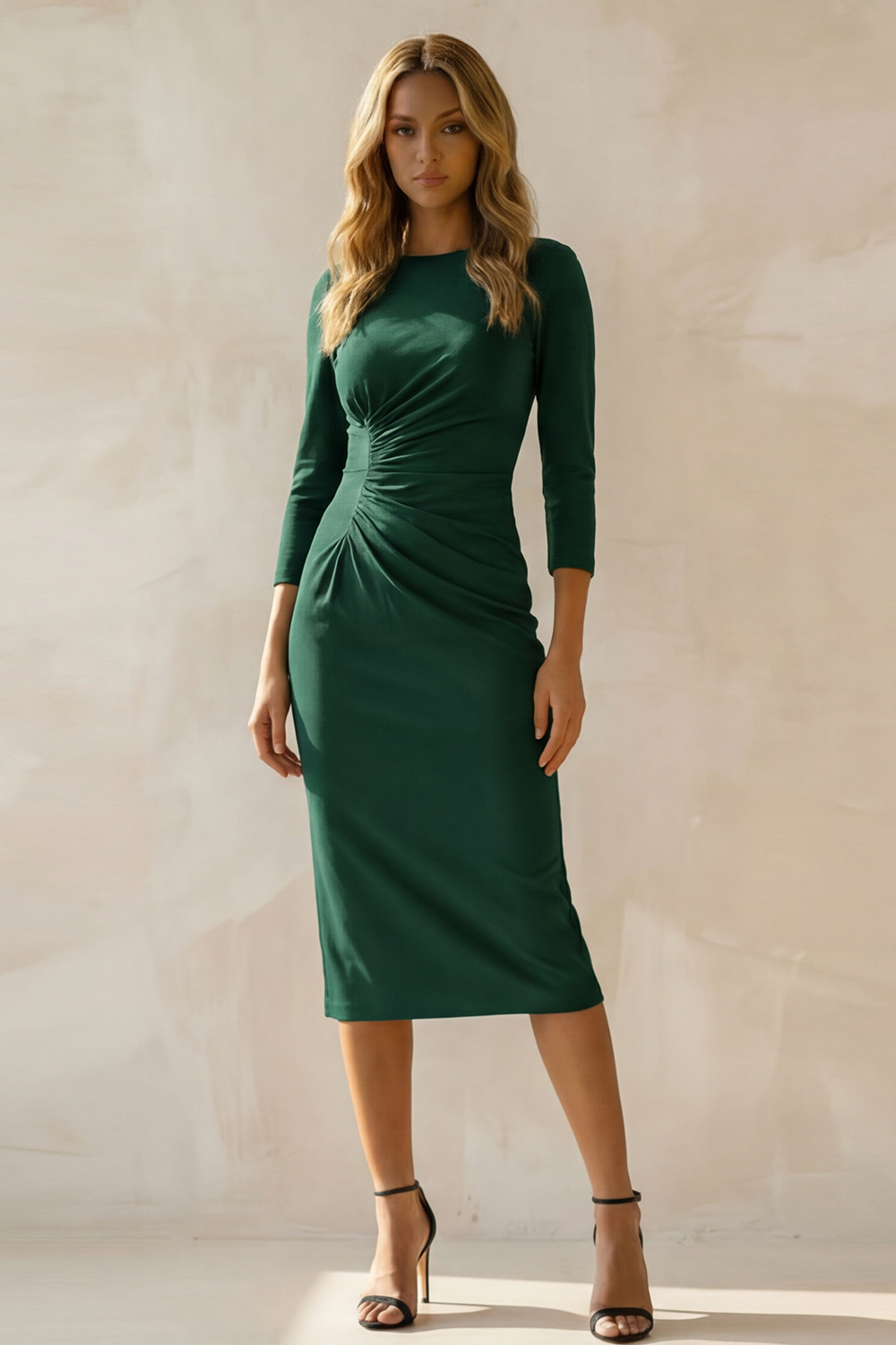 Bodycon Navy Round Neck Midi Ruched Work Dress with Sleeves