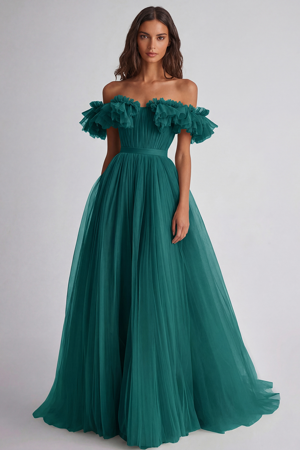 Dusty Sage A Line Tulle Long Wedding Guest Dress with Ruffles