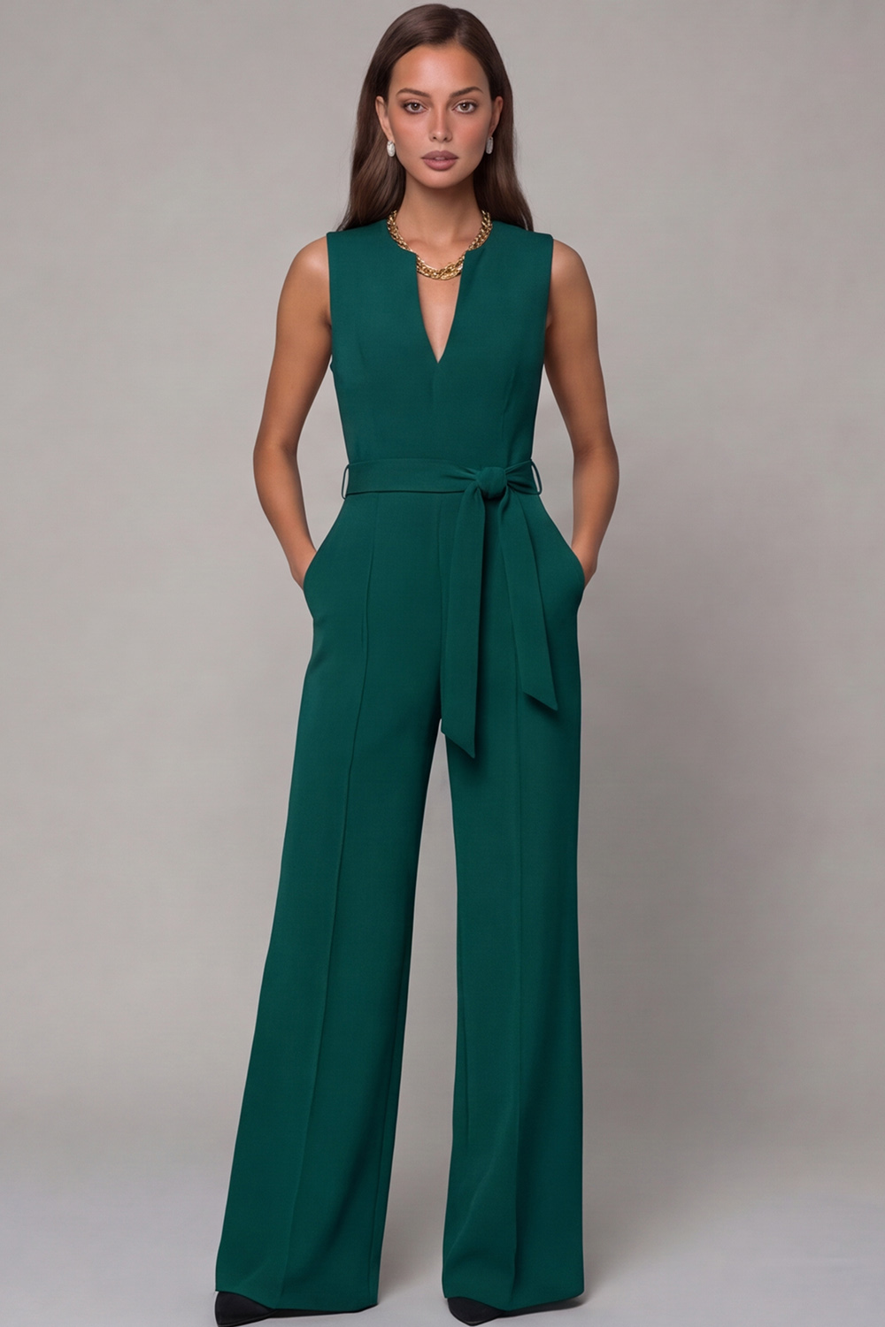 Navy V Neck Sleeveless Long Work Jumpsuit with Pockets