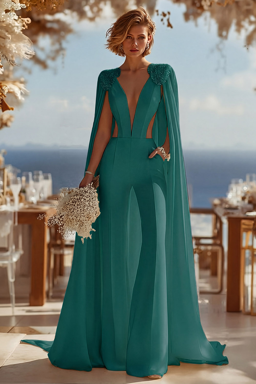 Ivory Cut Out Deep V-Neck Bridal Jumpsuits with Cape