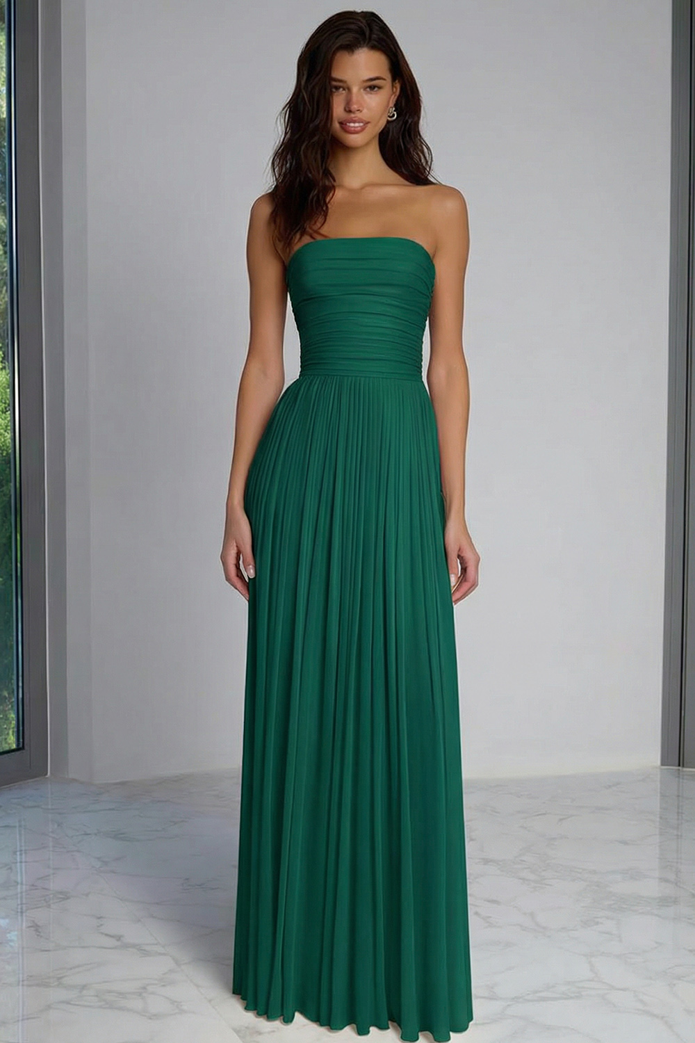 Champagne Pleated Sheath Strapless Long Bridesmaid Dress