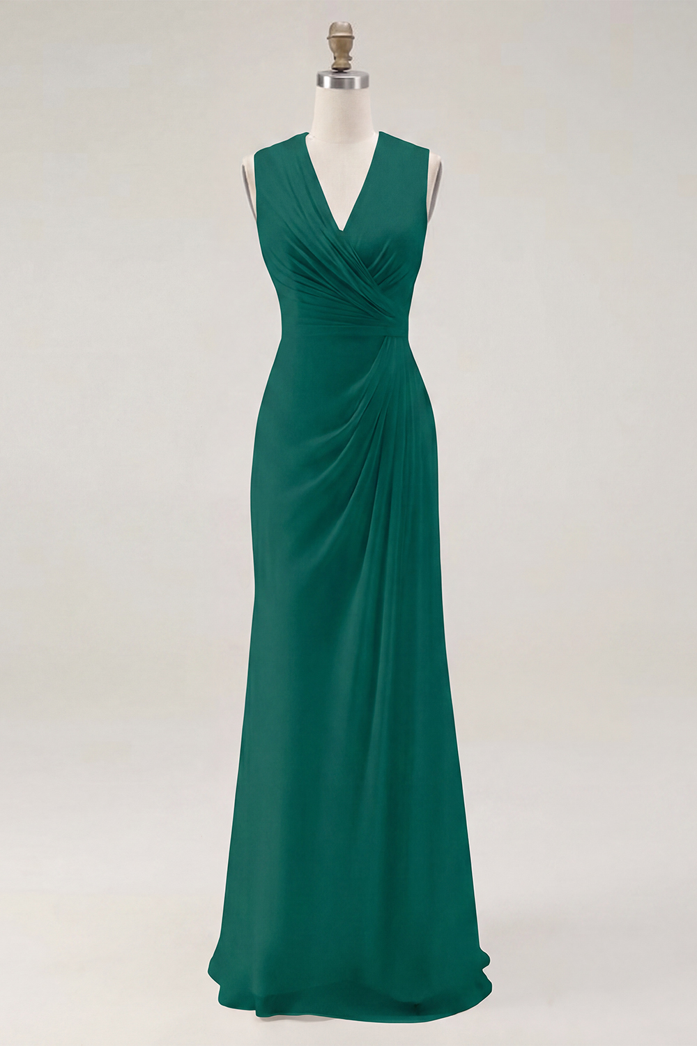 White Chiffon Sheath V-Neck Ruched Maxi Rehearsal Dinner Dress
