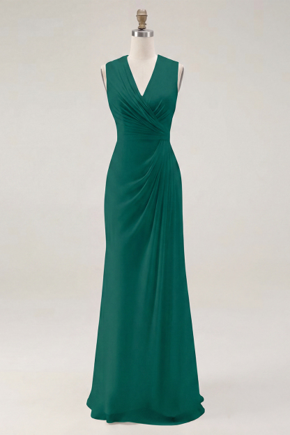 White Chiffon Sheath V-Neck Ruched Maxi Rehearsal Dinner Dress