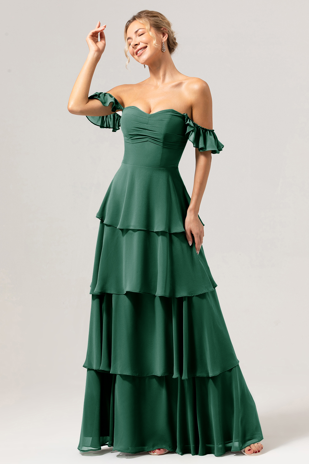 Eucalyptus Off the Shoulder Sweetheart Tiered A-Line Bridesmaid Dress